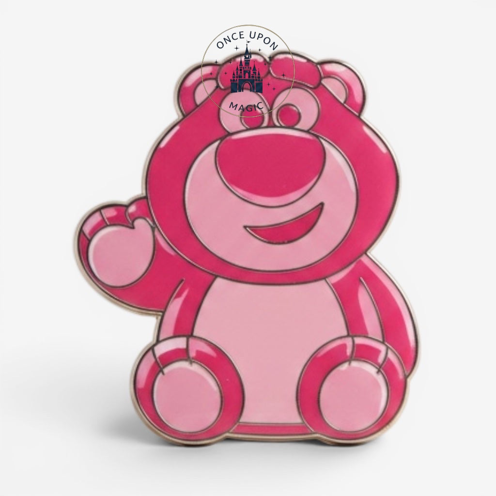 Once Upon Magic pink gummy Lotso bear pin from Toy Story, translucent enamel with silver trim.