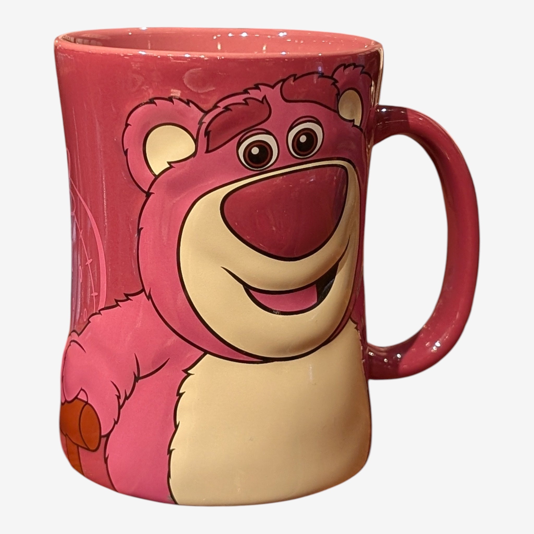 Once Upon Magic pink Lotso bear mug from Toy Story 3 with strawberry details and Disneyland Paris logo.