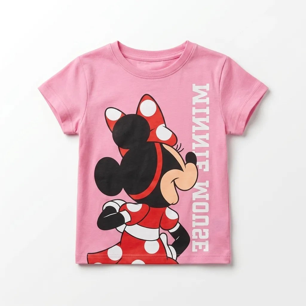 Once Upon Magic pink cotton t-shirt with Minnie Mouse graphic and red polka dot bow.