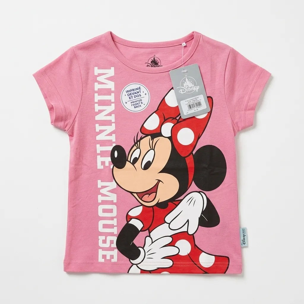 Once Upon Magic pink cotton t-shirt with Minnie Mouse graphic and red polka dot bow. Text reads Minnie Mouse.