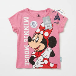 Once Upon Magic pink cotton t-shirt with Minnie Mouse graphic and red polka dot bow. Text reads Minnie Mouse.