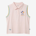 Once Upon Magic pale pink sleeveless polo tank top with Stitch embroidery, Aloha Hawaii text, and colorful shoulder trim.