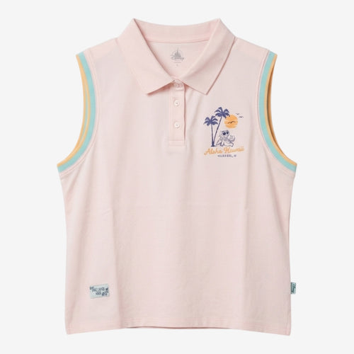 Once Upon Magic pale pink sleeveless polo tank top with Stitch embroidery, Aloha Hawaii text, and colorful shoulder trim.