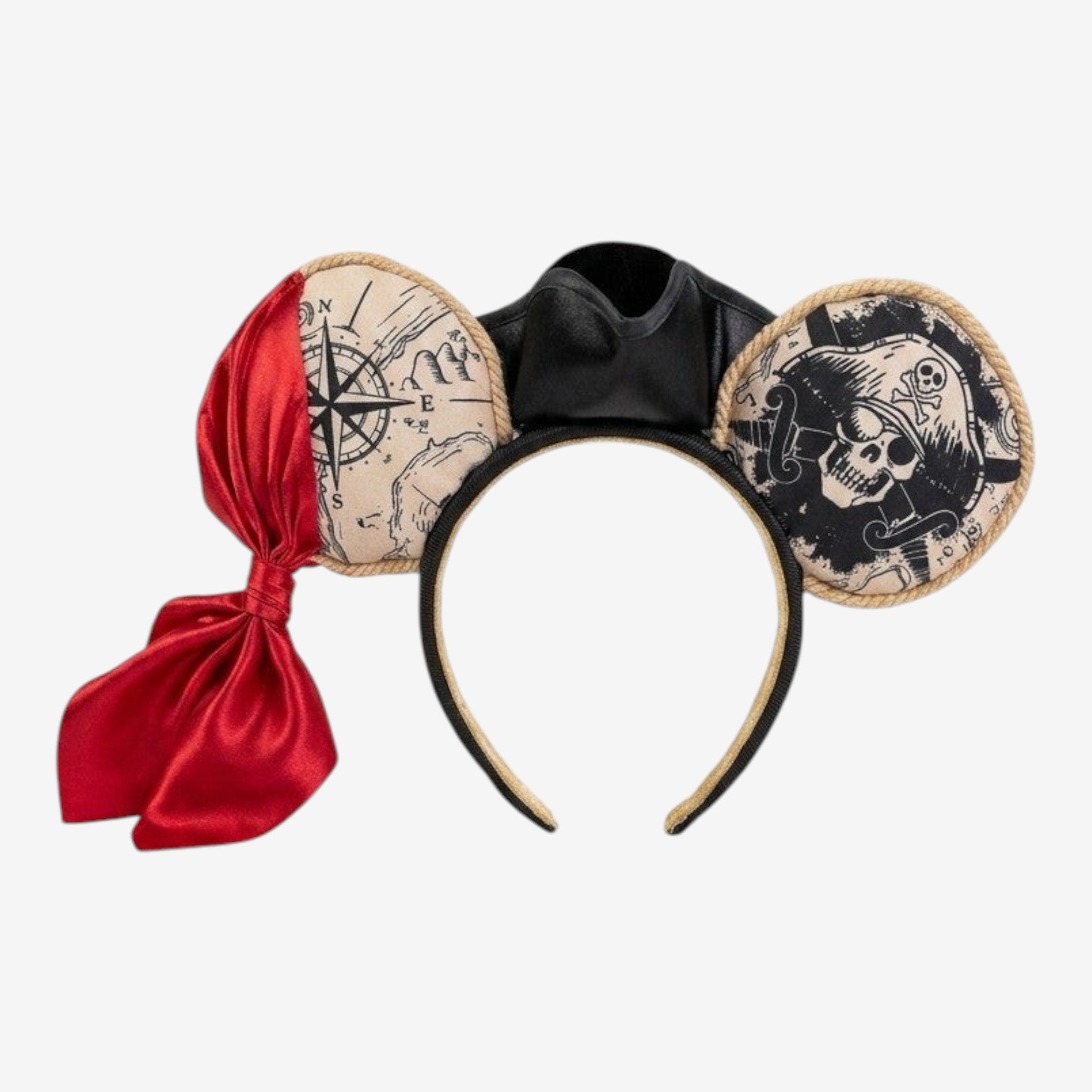 Once Upon Magic pirate-themed Minnie ears with a black pirate hat, compass map ear, skull and crossbones ear, and red satin bow.
