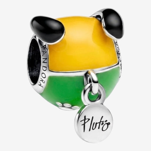Once Upon Magic Pluto dog charm in sterling silver with yellow and green enamel, featuring black ears and a dangling disc engraved with 'Pluto'.
