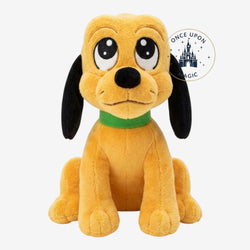 Once Upon Magic Pluto plush toy, yellow with black ears and green collar, soft and cuddly Disney character.