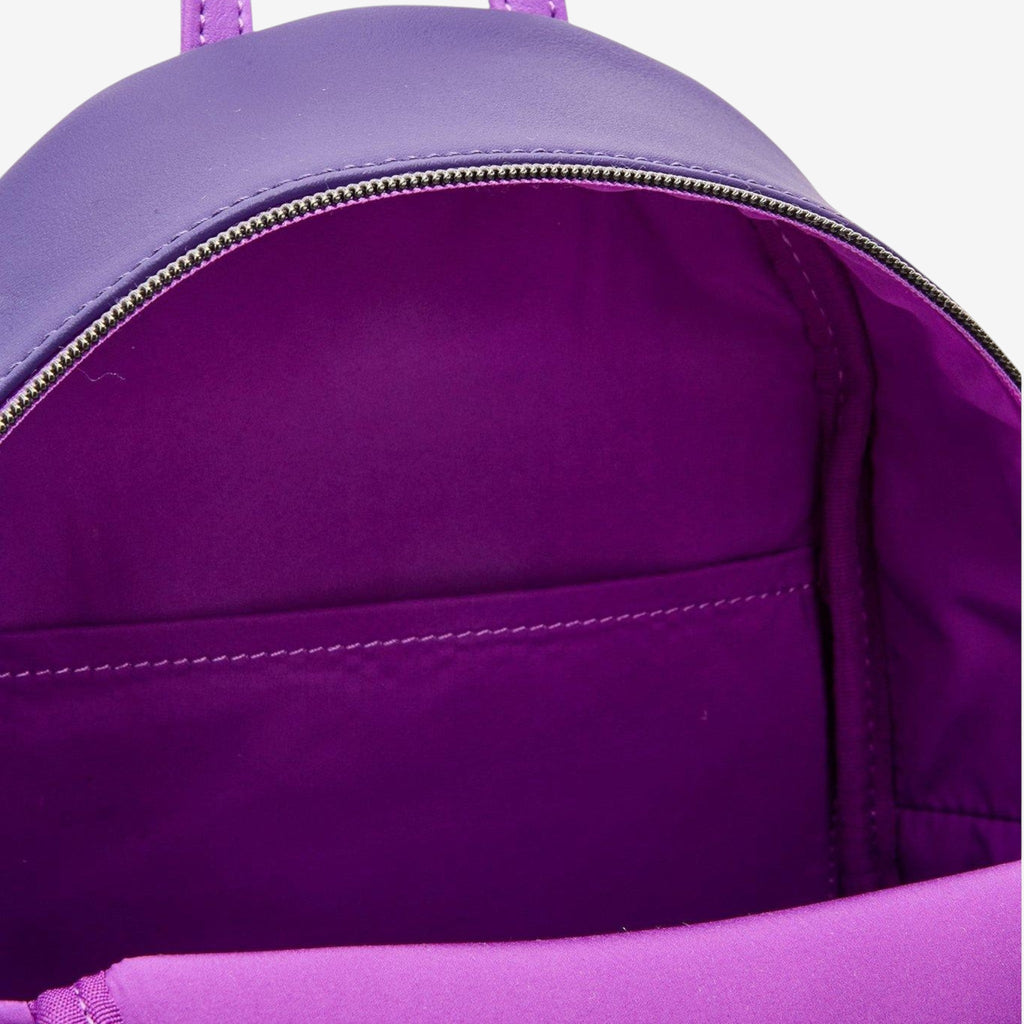 Once Upon Magic Loungefly Alice in Wonderland mini backpack, purple polyurethane with interior pocket.