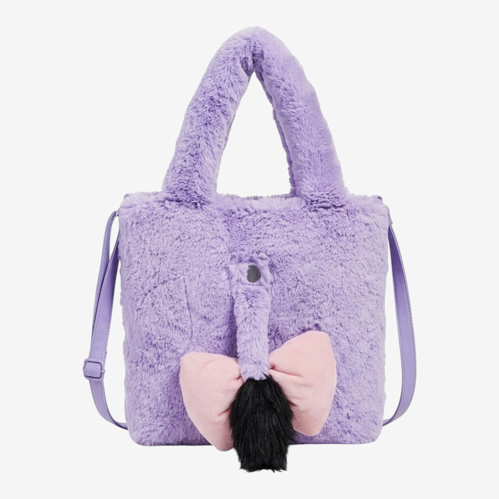 Once Upon Magic purple plush Eeyore crossbody bag with pink bow tail detail. Disneyland Paris exclusive.