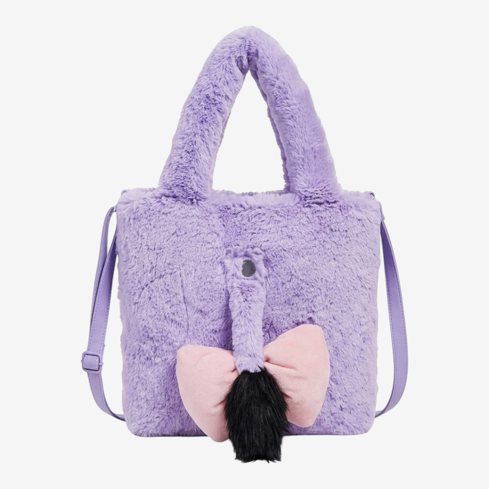 Once Upon Magic purple plush Eeyore crossbody bag with pink bow tail detail. Disneyland Paris exclusive.
