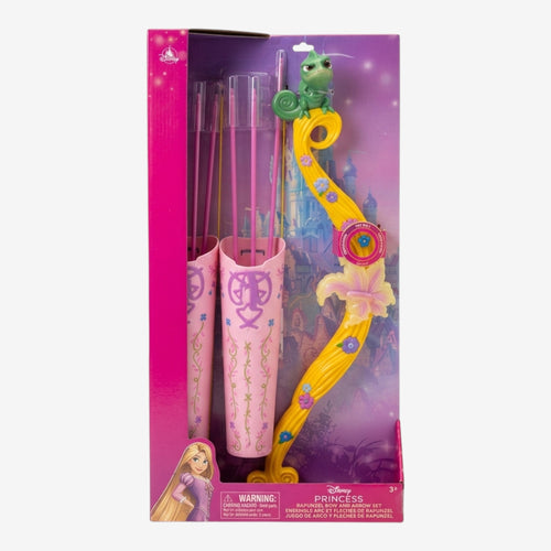 Once Upon Magic Rapunzel bow and arrow set with Pascal the chameleon, featuring a yellow bow with floral accents and a pink quiver with arrows.
