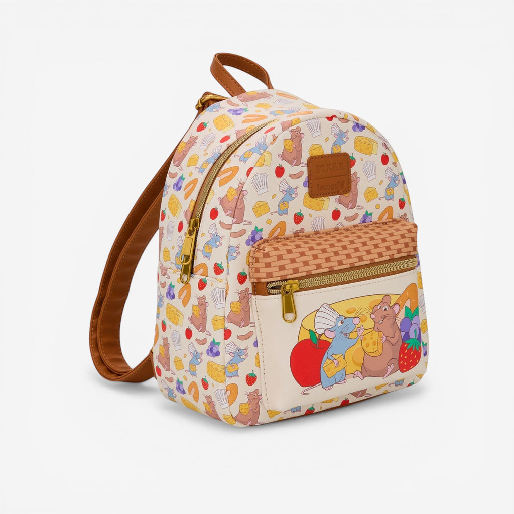 Once Upon Magic Loungefly Disney Pixar Ratatouille mini backpack with Remy and Emile surrounded by food print. Polyurethane material.