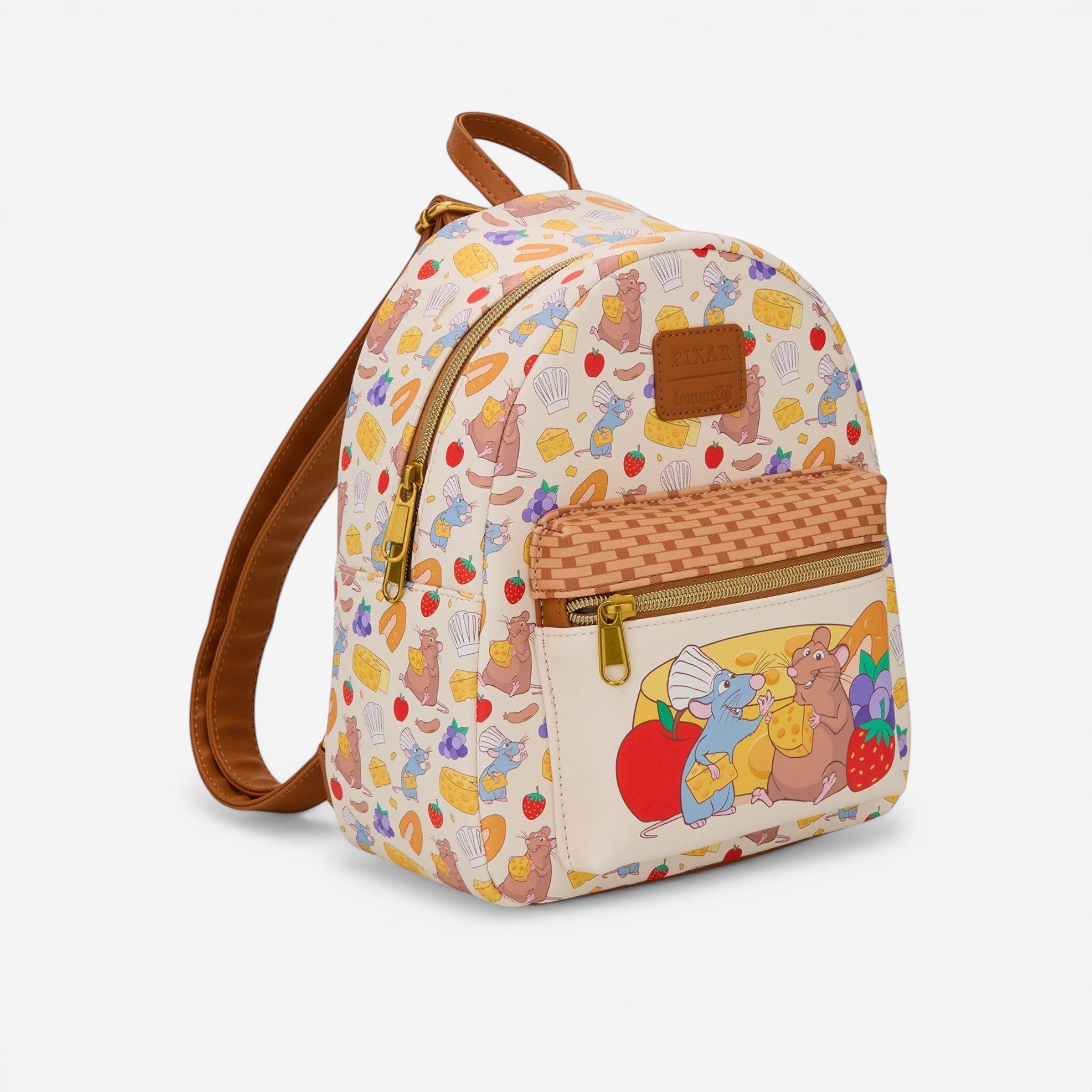 Once Upon Magic Loungefly Disney Pixar Ratatouille mini backpack with Remy and Emile surrounded by food print. Polyurethane material.