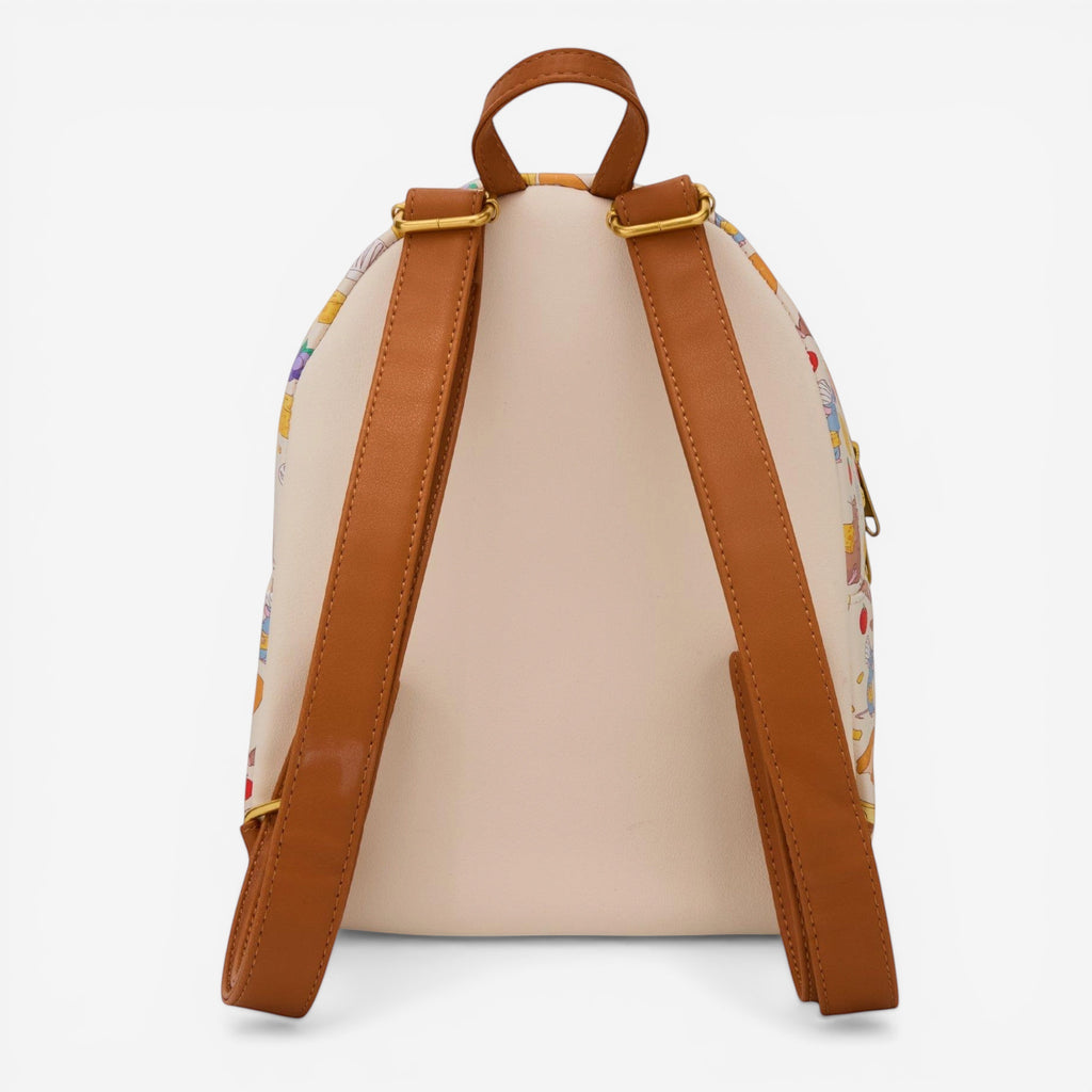 Once Upon Magic Loungefly Disney Pixar Ratatouille mini backpack with Remy, Emile, bread, cheese, and fruit print. Polyurethane with adjustable straps.