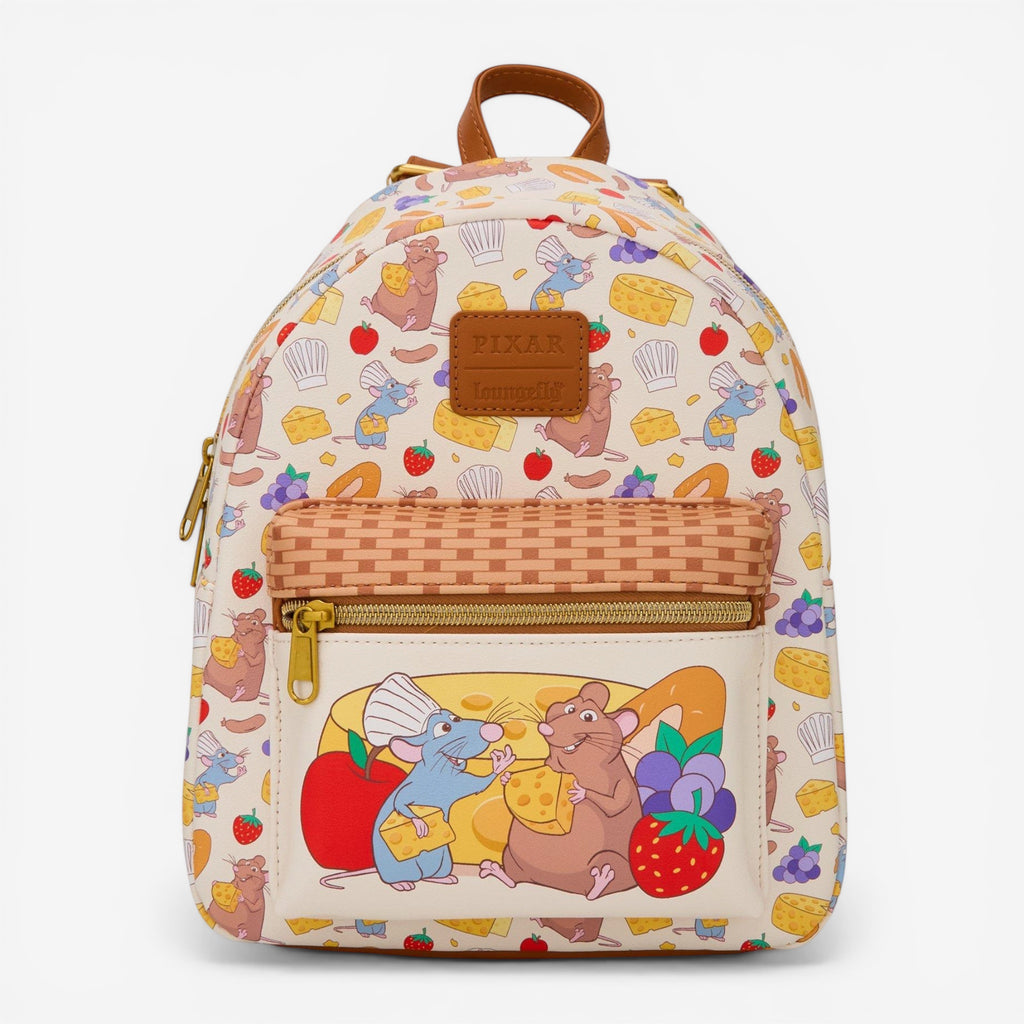 Once Upon Magic Loungefly Disney Pixar Ratatouille mini backpack with all-over print of Remy, Emile, cheese, bread, fruit, and chef hats. Features adjustable straps.