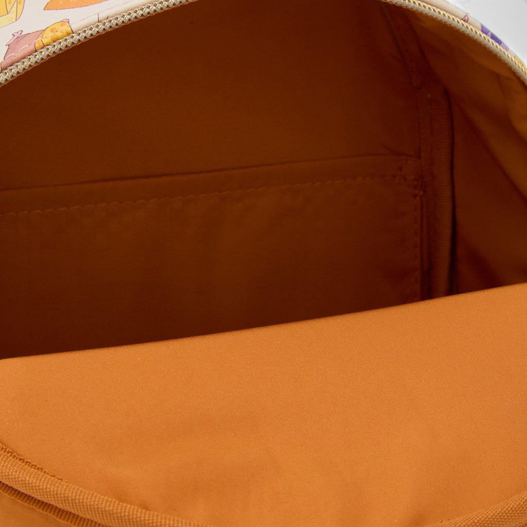 Once Upon Magic Loungefly Disney Pixar Ratatouille food print mini backpack with interior pocket and orange lining.