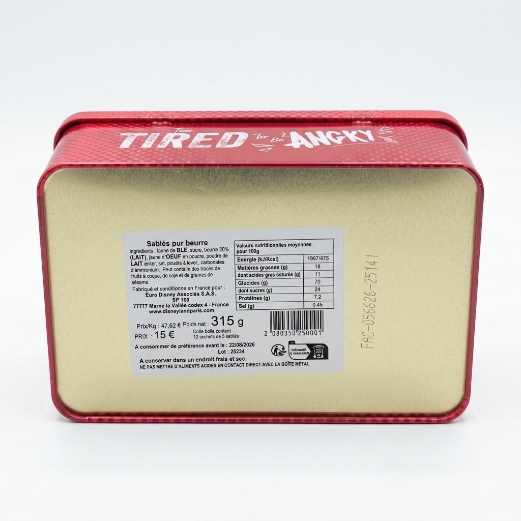 Once Upon Magic red tin of French butter biscuits with "Too Tired To Be Angry" slogan, 315g.