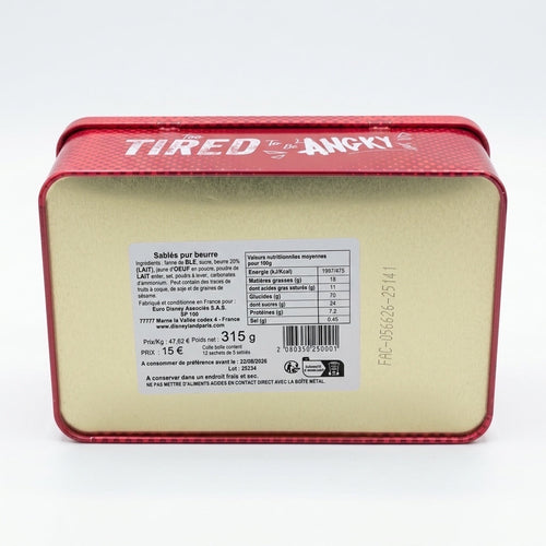 Once Upon Magic red tin of French butter biscuits with "Too Tired To Be Angry" slogan, 315g.