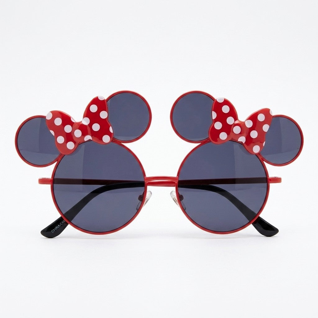 Once Upon Magic red round sunglasses with white polka dot bows and mouse ears
