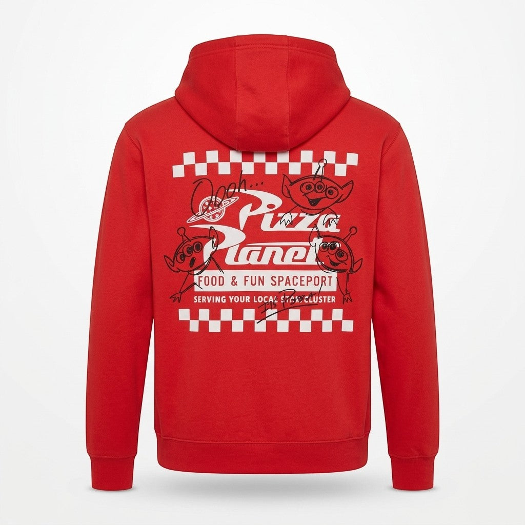 Once Upon Magic red cotton zip-up hoodie with Pizza Planet logo and Toy Story aliens graphic on back.