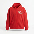 Once Upon Magic red Pizza Planet zip-up hoodie with white logo on front and graphic on back. Comfortable fabric, ideal for everyday wear.