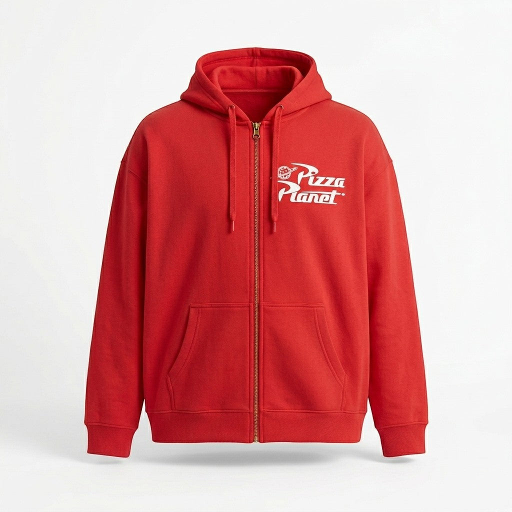 Once Upon Magic red Pizza Planet zip-up hoodie with white logo on front and graphic on back. Comfortable fabric, ideal for everyday wear.