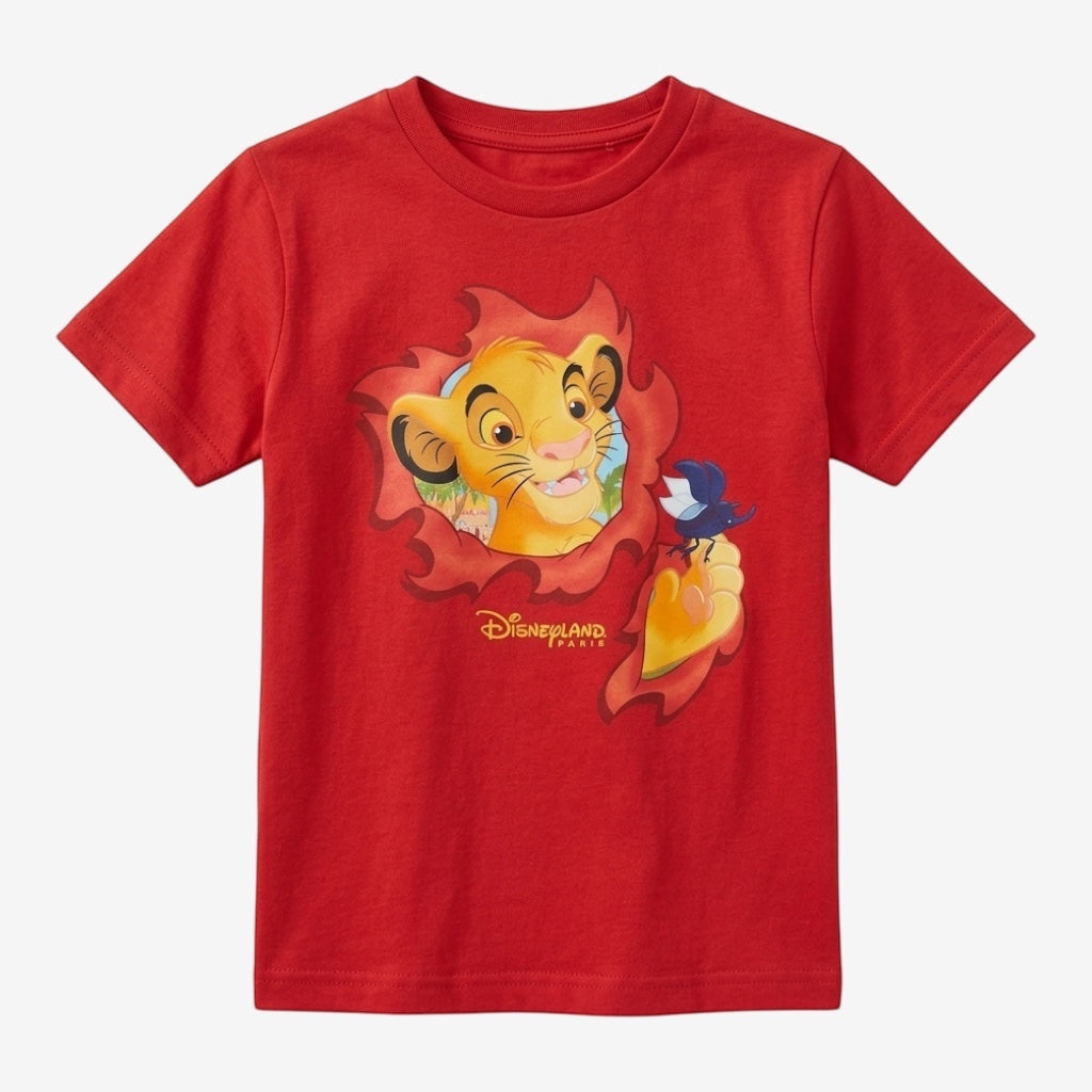 Once Upon Magic red cotton t-shirt with Simba from The Lion King graphic and Disneyland Paris logo.