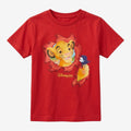 Once Upon Magic red cotton t-shirt with Simba from The Lion King graphic and Disneyland Paris logo.