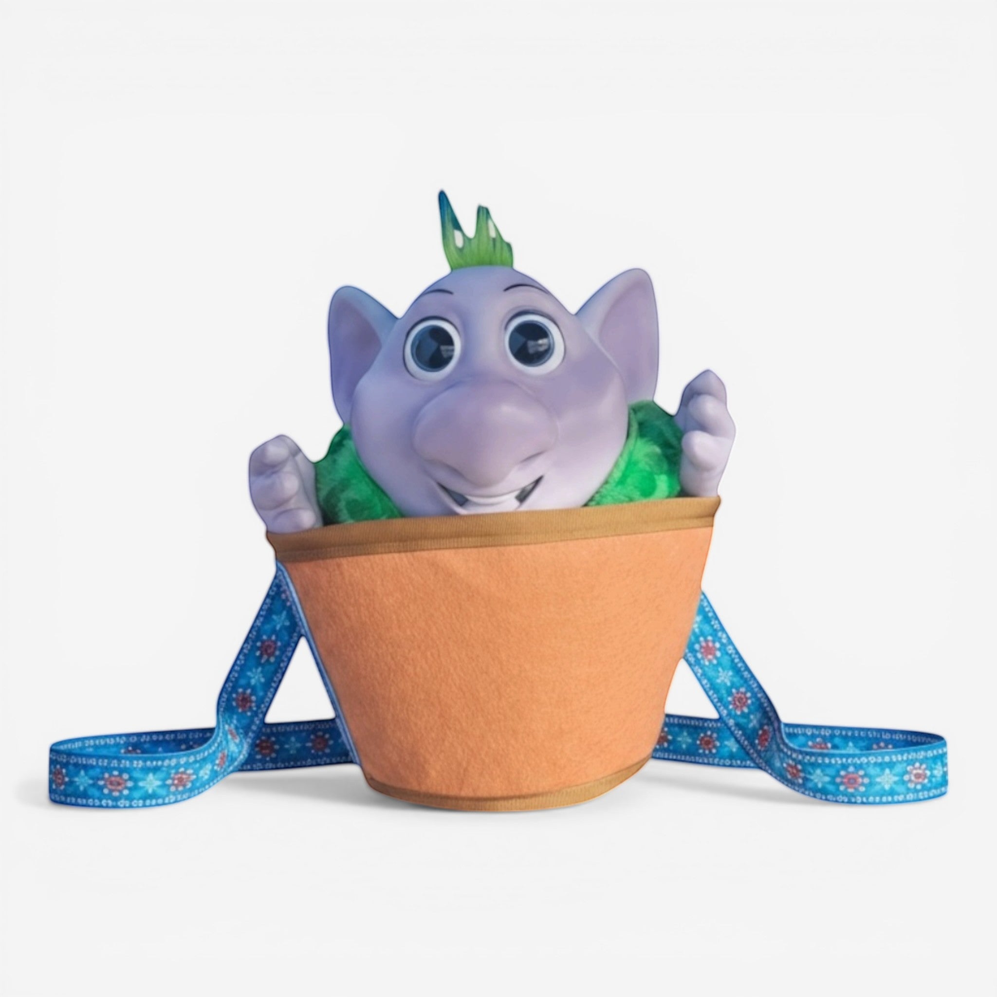Once Upon Magic Runa interactive plush character from Frozen, purple troll in orange bucket with blue patterned straps.