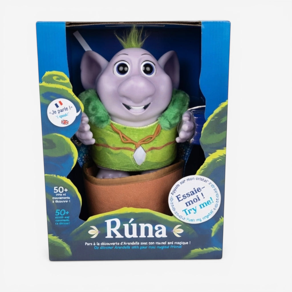 Once Upon Magic Runa interactive plush toy from Frozen, purple troll with green accents, bilingual French/English, 50+ sounds and movements.