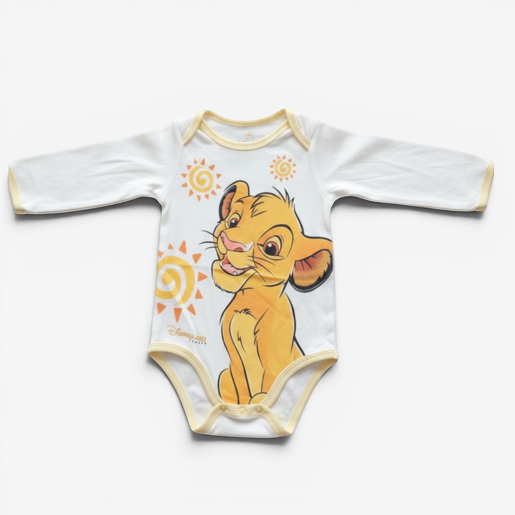 Once Upon Magic white long-sleeve baby bodysuit with a print of Simba from The Lion King and yellow trim.