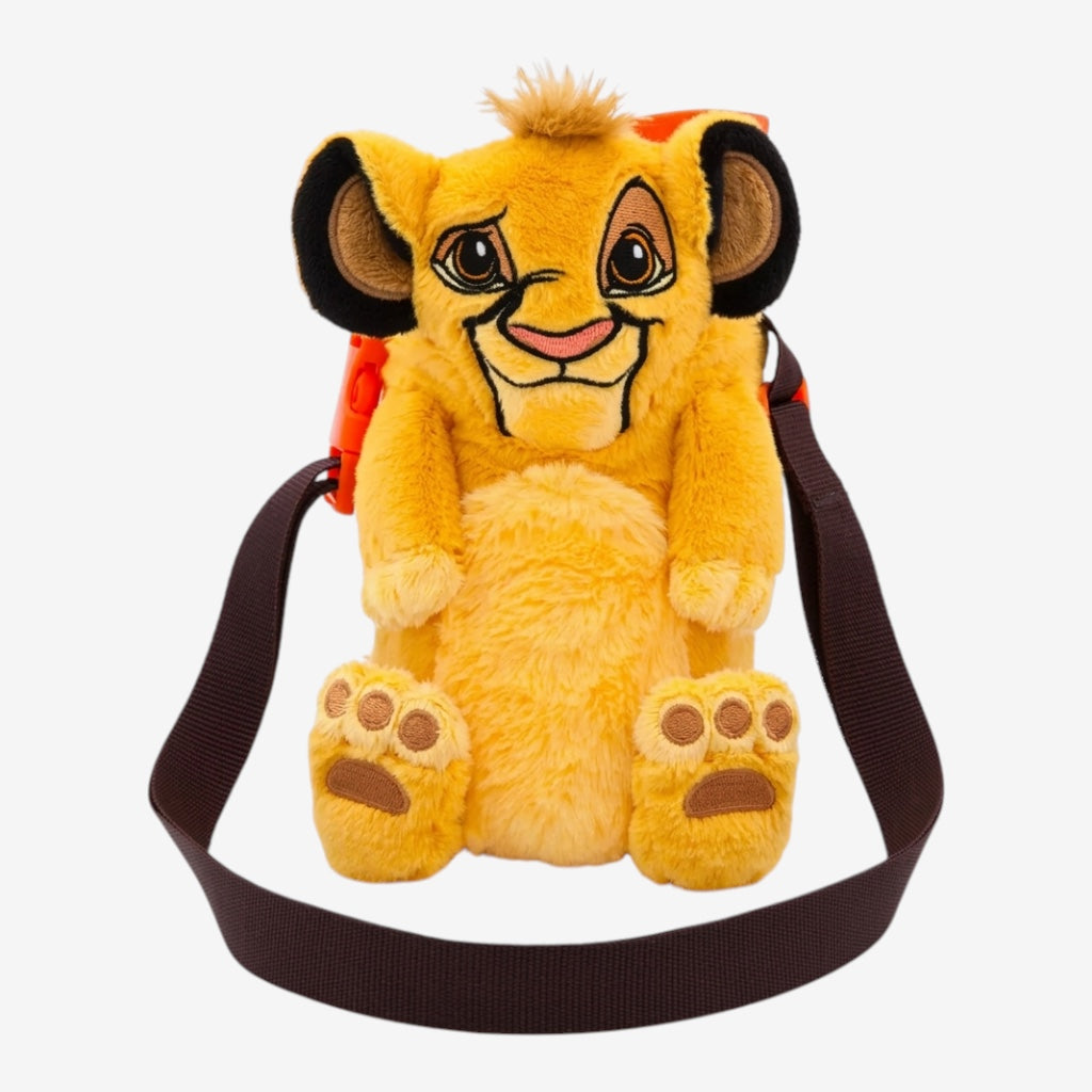 Once Upon Magic plush Simba water bottle with brown strap, featuring orange and yellow colours and Disney's The Lion King characters.