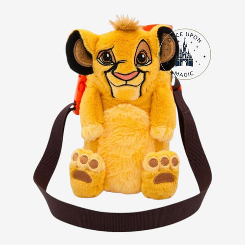 Once Upon Magic plush Simba water bottle with brown strap, featuring orange and yellow colours and Disney's The Lion King characters.