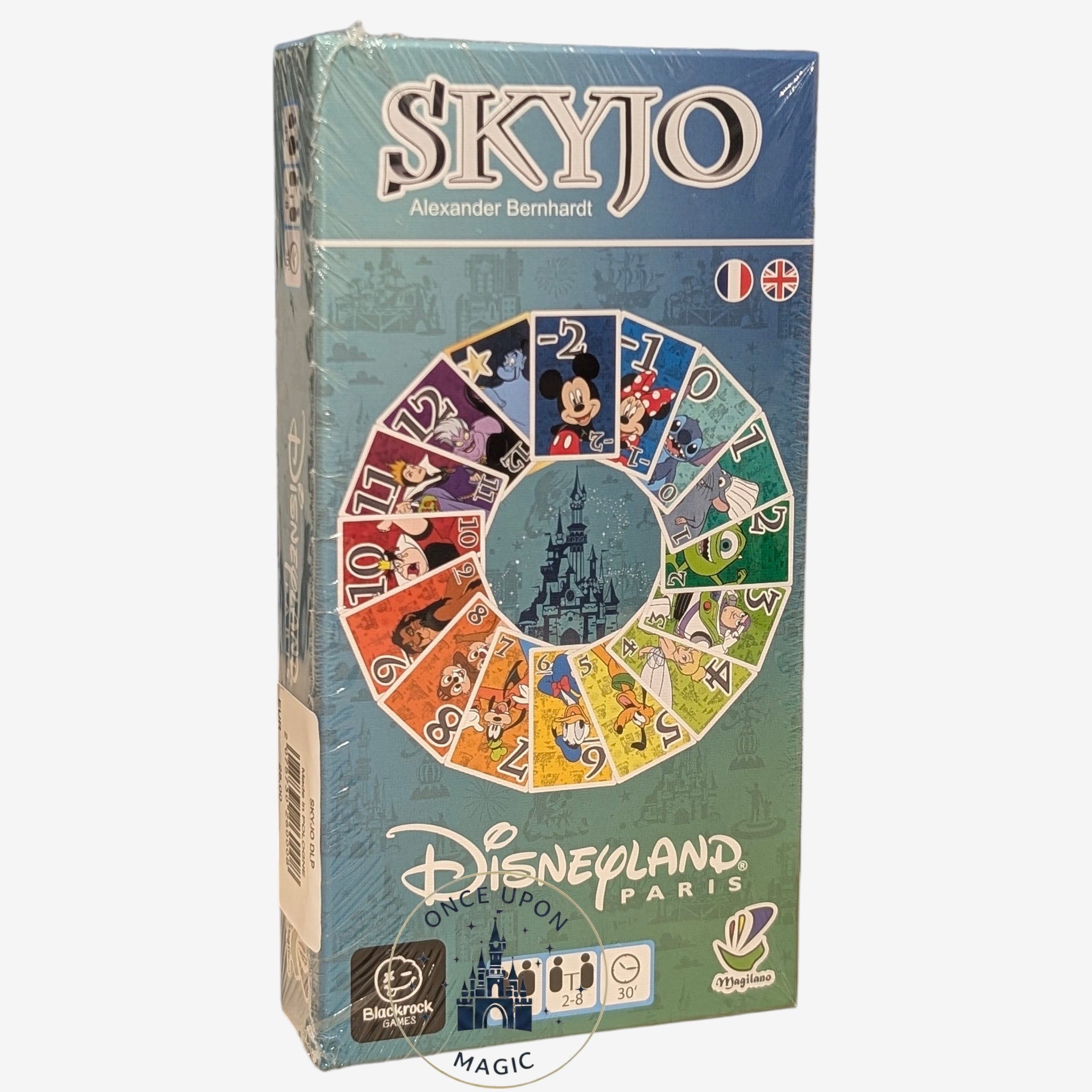 Once Upon Magic SKYJO Disneyland Paris card game featuring Mickey Mouse, Stitch, and Buzz Lightyear. Includes exclusive Disneyland Paris card.