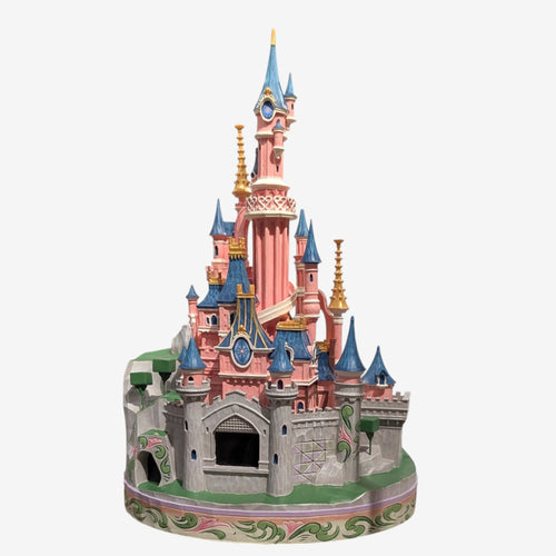 Once Upon Magic Disneyland Paris Sleeping Beauty Castle figurine by Jim Shore. Pink castle with blue roofs and gold accents.