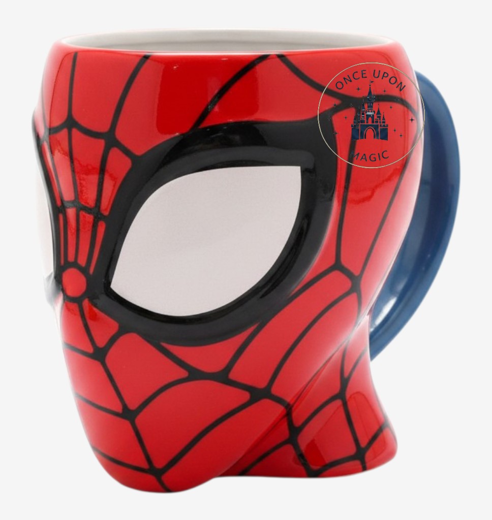 Once Upon Magic Spider-Man 3D mask mug, red and blue ceramic with black web detailing and white eyes.