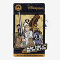 Once Upon Magic Star Wars Day May the 4th Be With You collectible pin featuring Luke Skywalker, Princess Leia, Han Solo, Chewbacca, Yoda, C-3PO, and R2-D2.