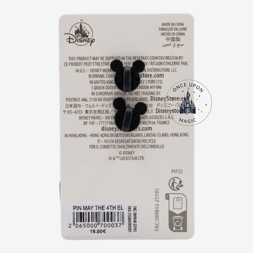Once Upon Magic limited edition Star Wars May The Fourth Be With You collectible pin, featuring iconic characters and "May the 4th Be With You" text.