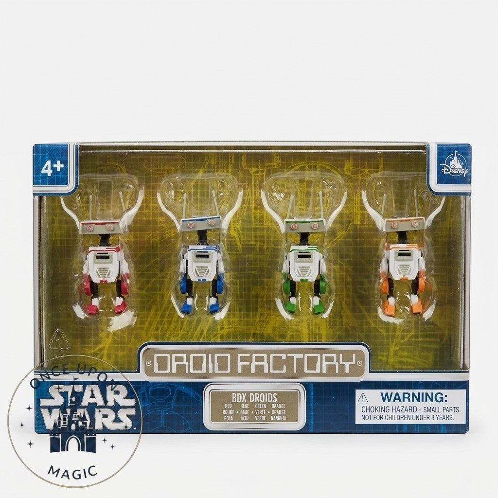 Once Upon Magic Star Wars Droid Factory BDX Droids set featuring four collectible figures in red, blue, green, and orange.