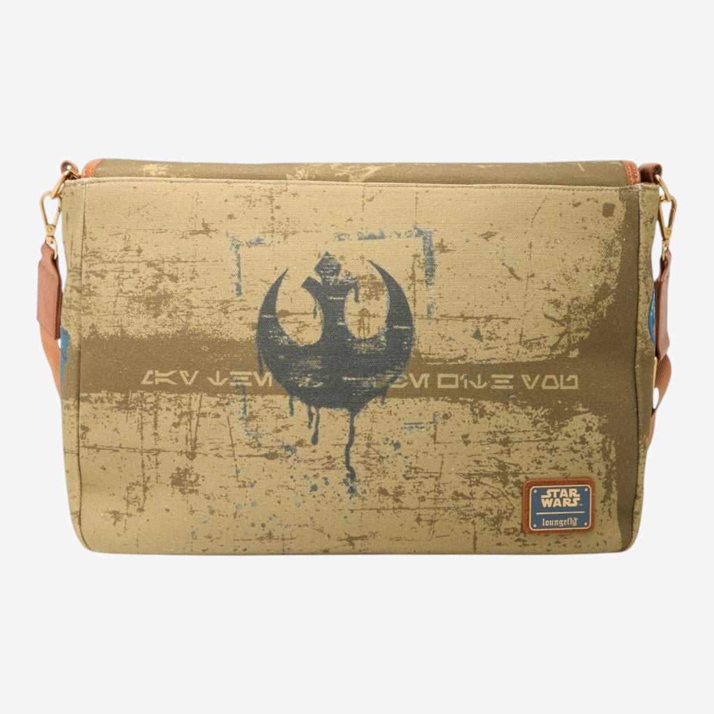 Once Upon Magic Star Wars X-Wing messenger bag in tan with distressed print and Rebel Alliance logo.