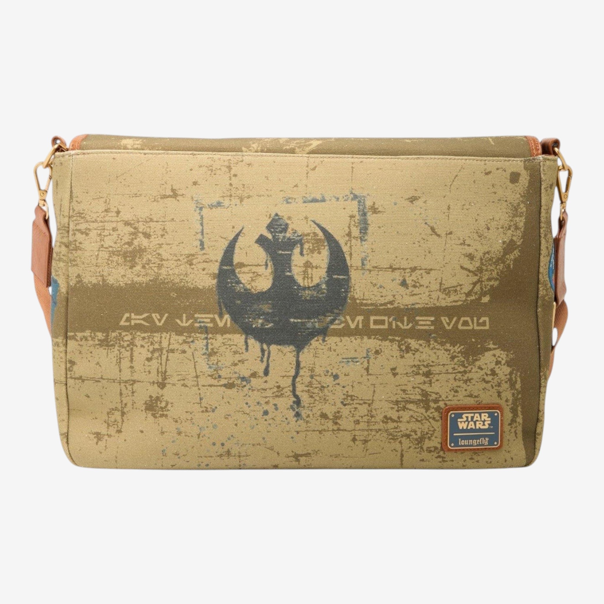 Once Upon Magic Star Wars X-Wing messenger bag in tan with distressed print and Rebel Alliance logo.