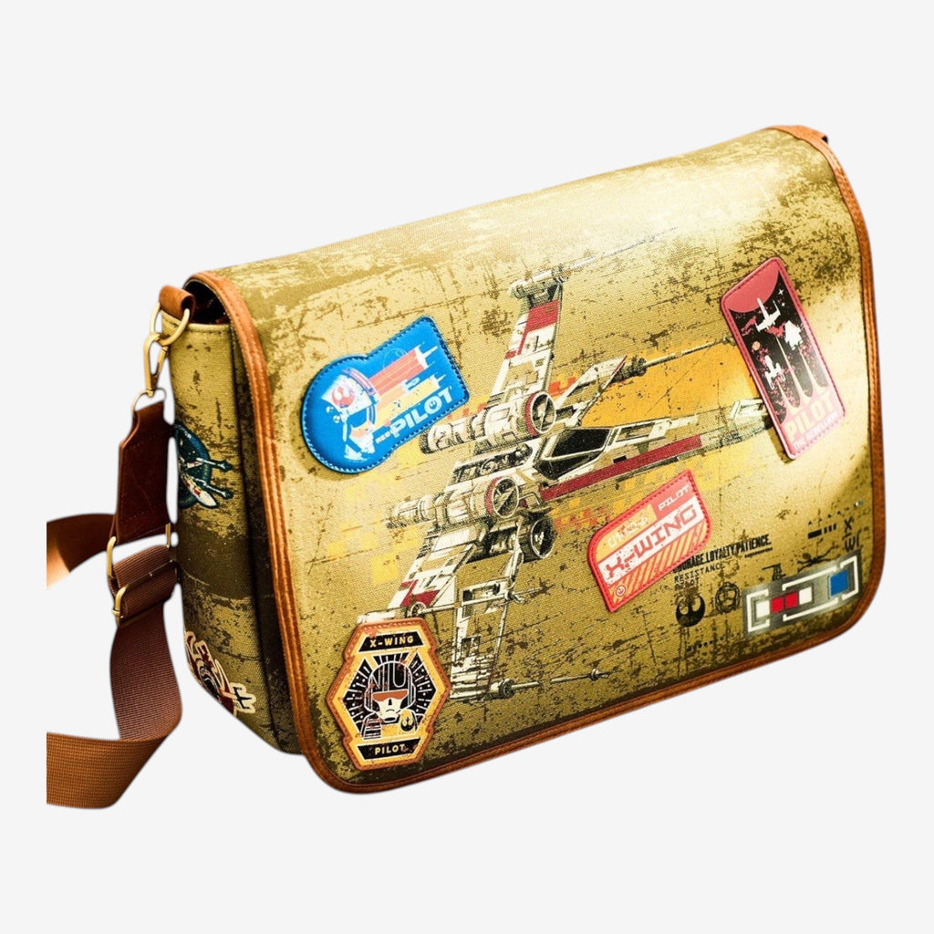 Once Upon Magic Star Wars X-Wing messenger bag with vintage distressed finish and embroidered patches.