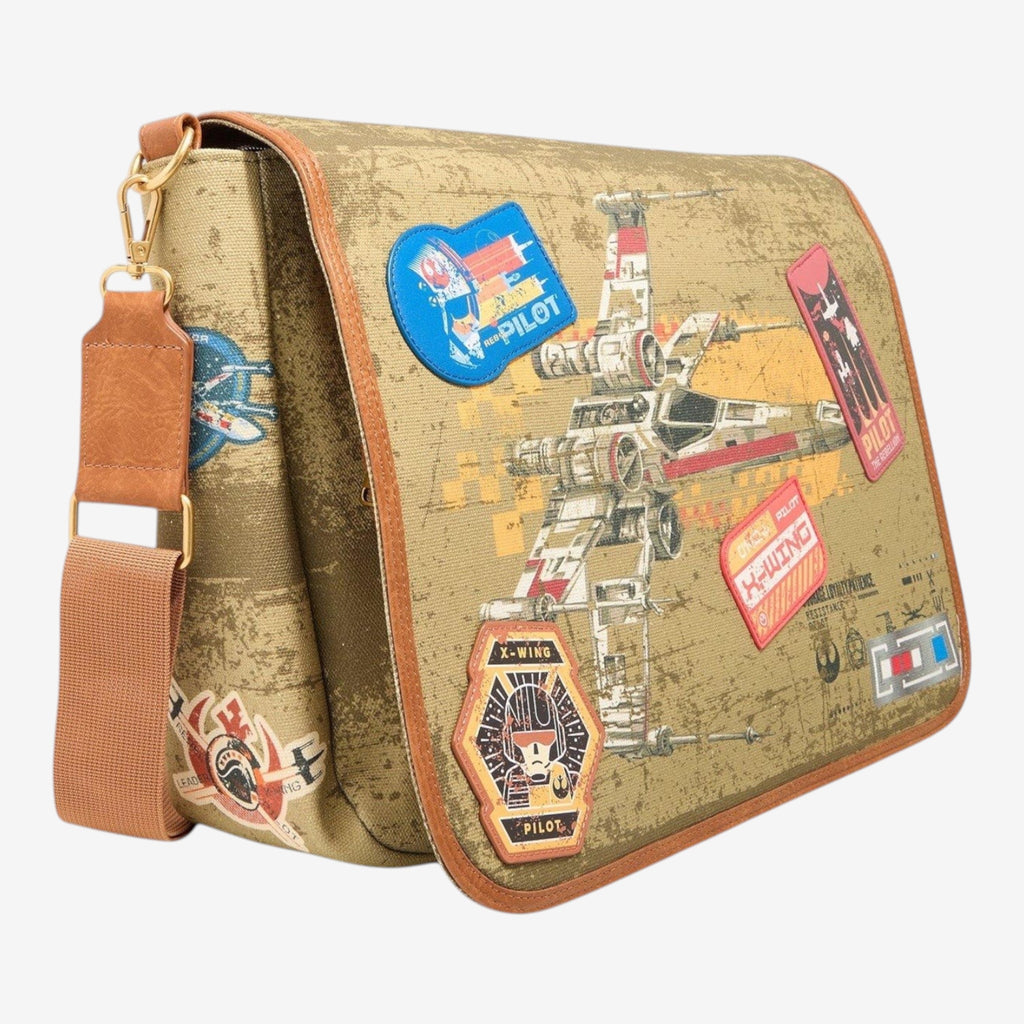 Once Upon Magic Star Wars X-Wing messenger bag with vintage distressed print and embroidered patches. Khaki polyurethane.