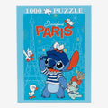 Once Upon Magic Stitch 1000 piece puzzle featuring Stitch in a blue hat and striped shirt with Disneyland Paris landmarks and birds.
