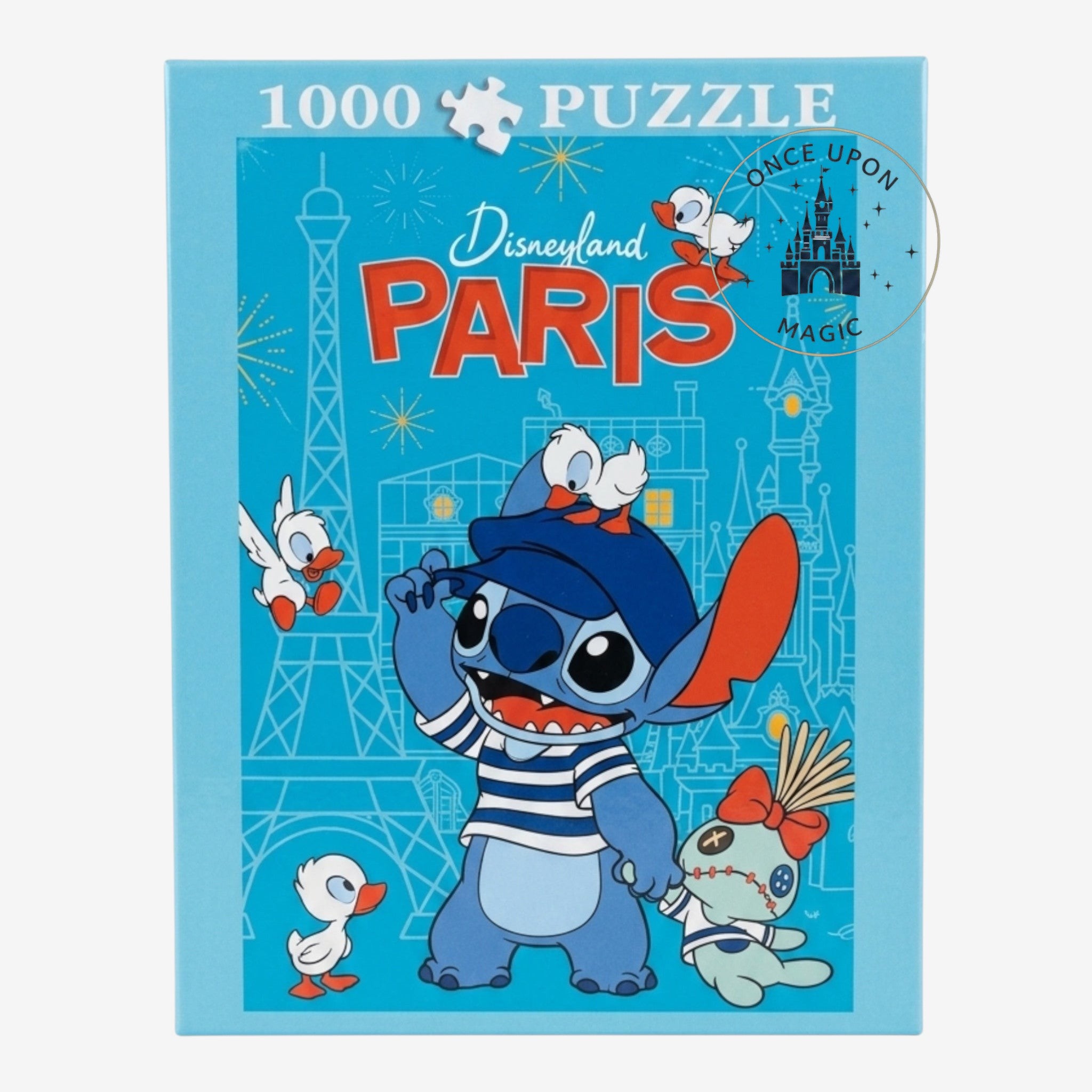 Once Upon Magic Stitch 1000 piece puzzle featuring Stitch in a blue hat and striped shirt with Disneyland Paris landmarks and birds.