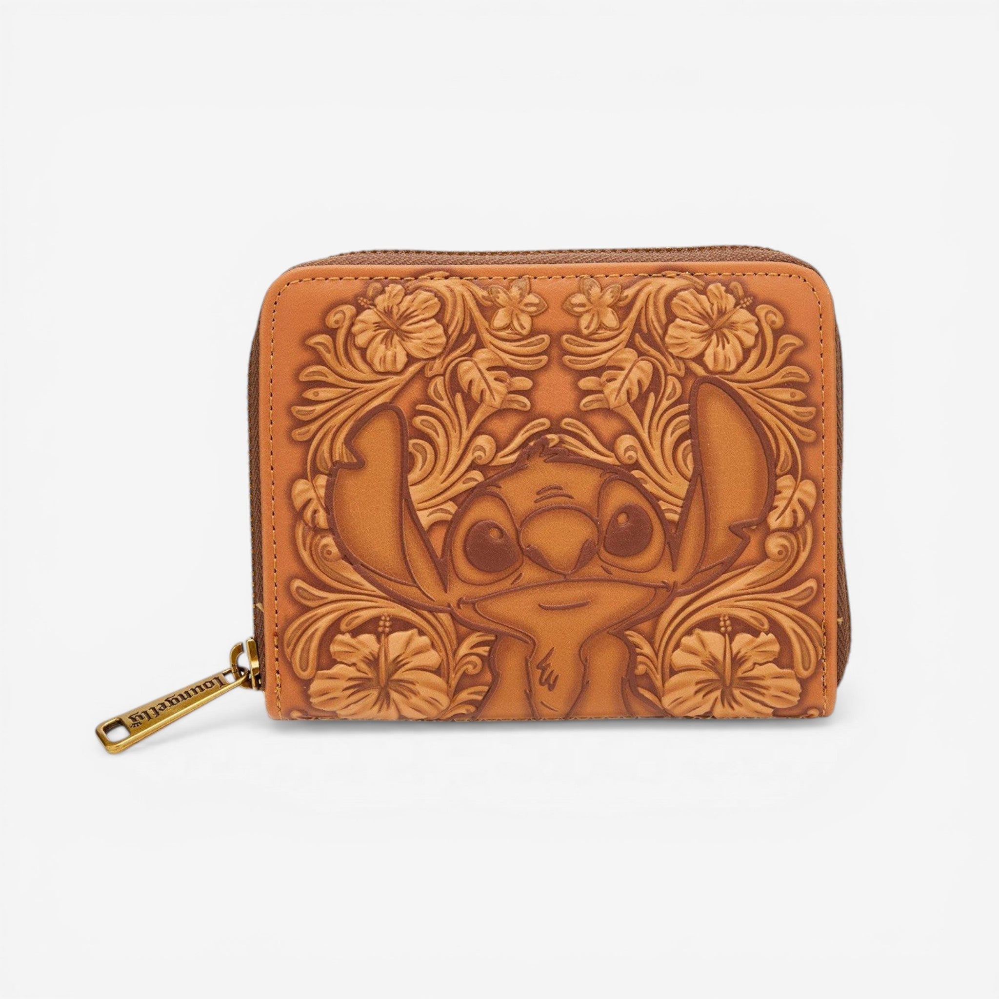 Once Upon Magic brown faux leather wallet with embossed Stitch and floral design, zip closure.
