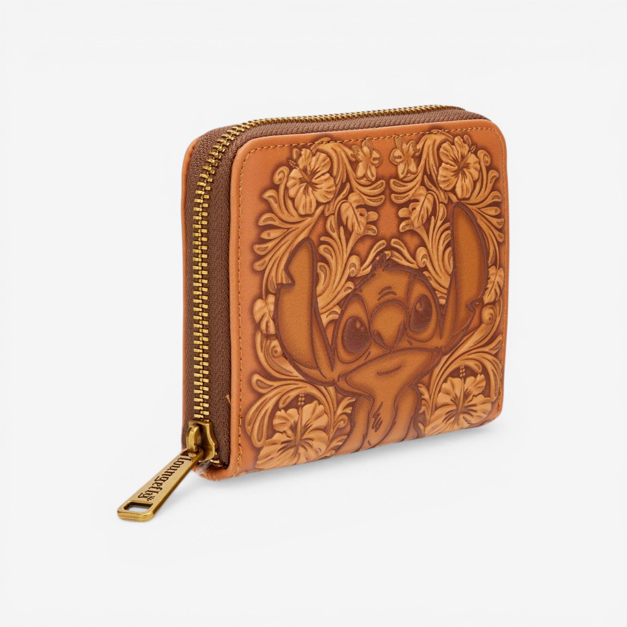 Once Upon Magic brown faux leather zip wallet with embossed Lilo & Stitch character and floral design.