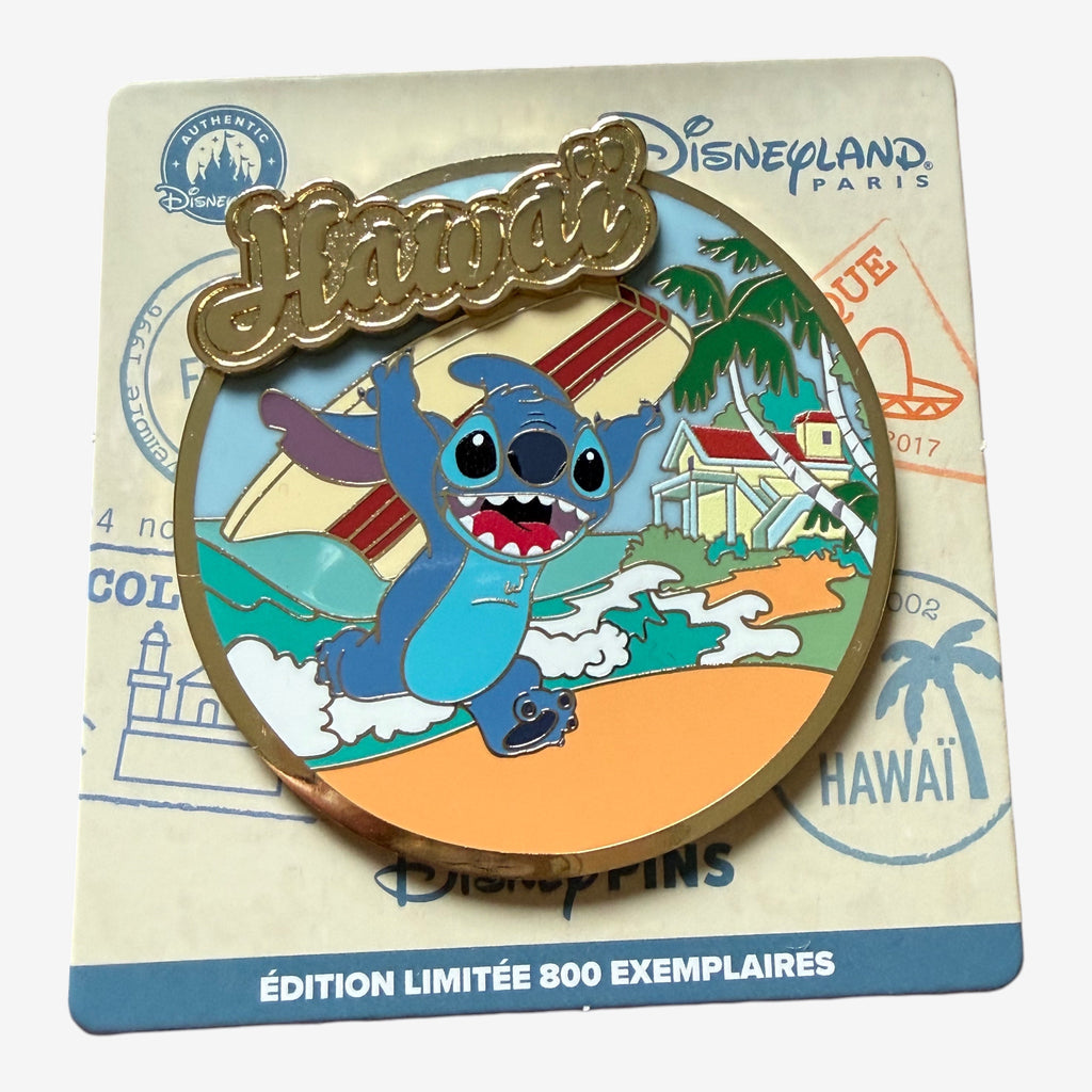 Once Upon Magic Disneyland Paris Stitch Hawaii limited edition enamel pin with surfboard and beach house.
