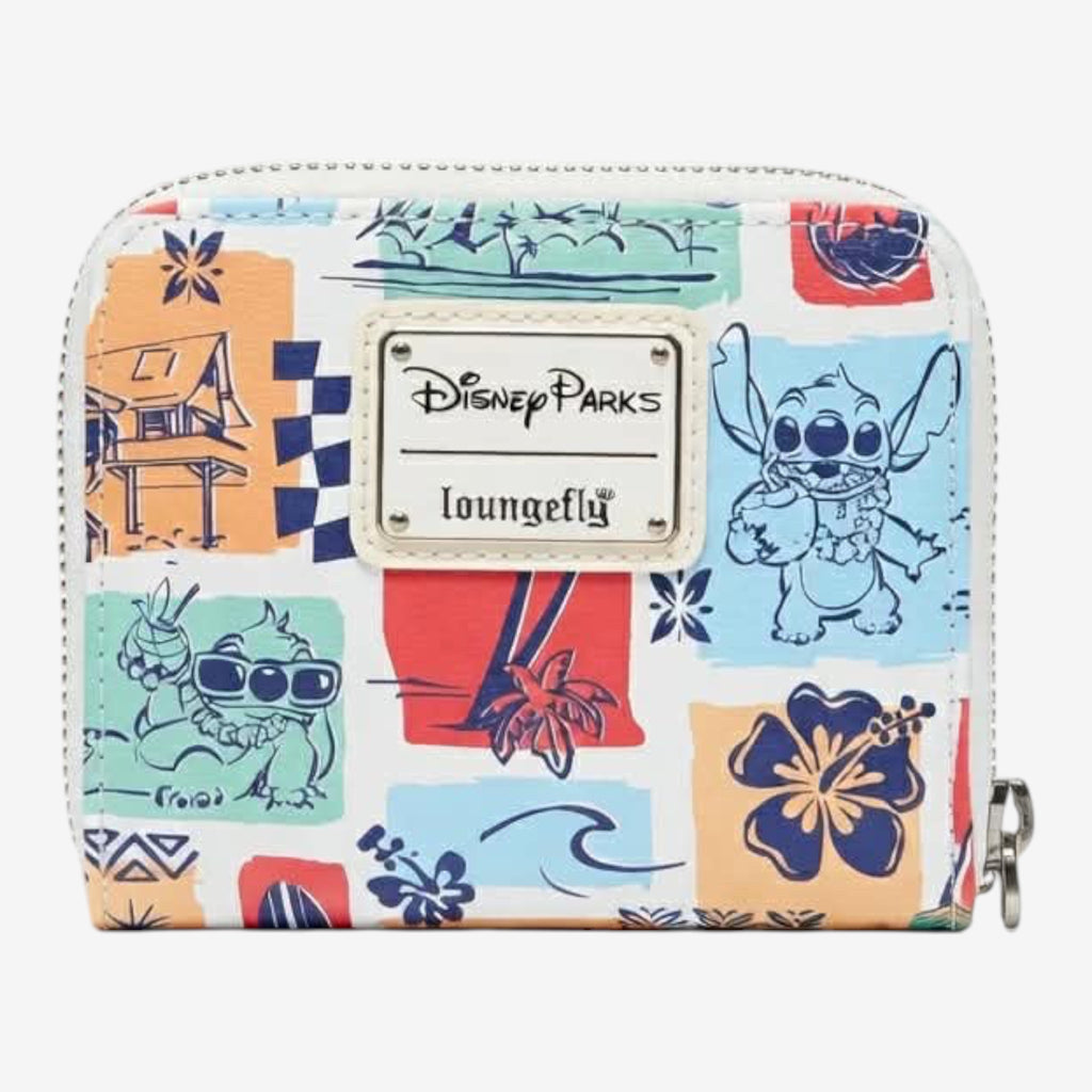 Once Upon Magic Disney Parks Hawaii Edition Loungefly wallet with Stitch in tropical scenes, floral prints, and a zip-around closure.