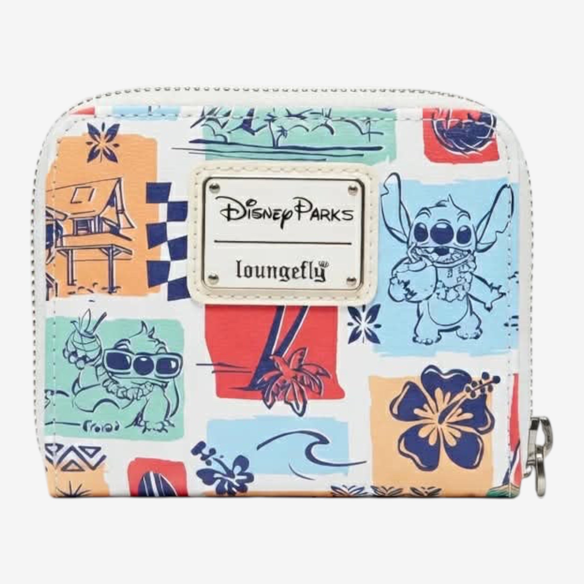 Once Upon Magic Disney Parks Hawaii Edition Loungefly wallet with Stitch in tropical scenes, floral prints, and a zip-around closure.