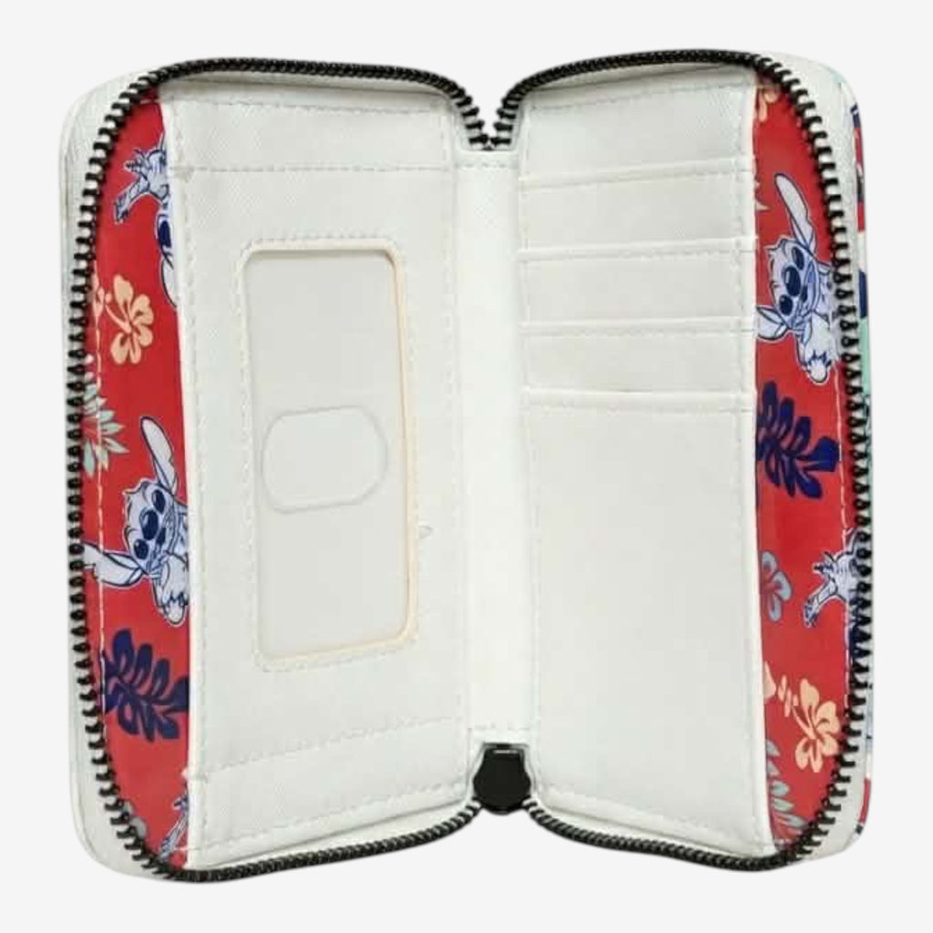 Once Upon Magic Loungefly Stitch Hawaii Edition wallet with red interior featuring Stitch and floral print, ID window, and card slots.